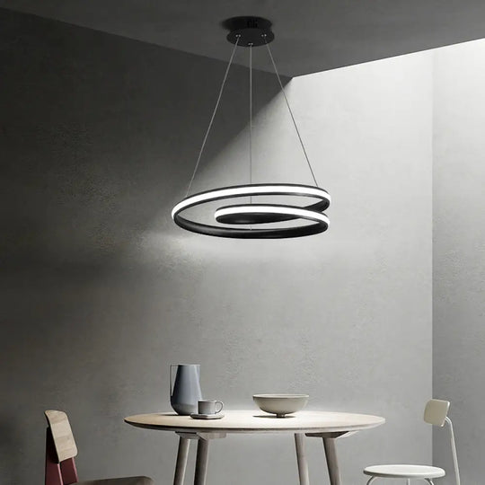 Sleek Spiral Line Chandelier: Black/White 18’/23.5’ Wide Led Pendant Lamp In Warm/White Light