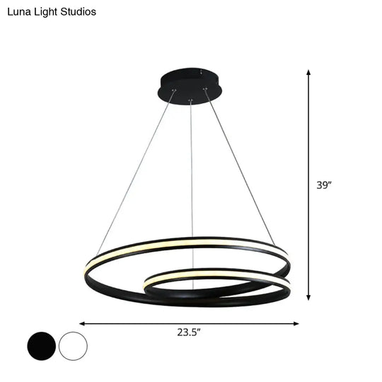 Sleek Spiral Line Chandelier: Black/White 18’/23.5’ Wide Led Pendant Lamp In Warm/White Light