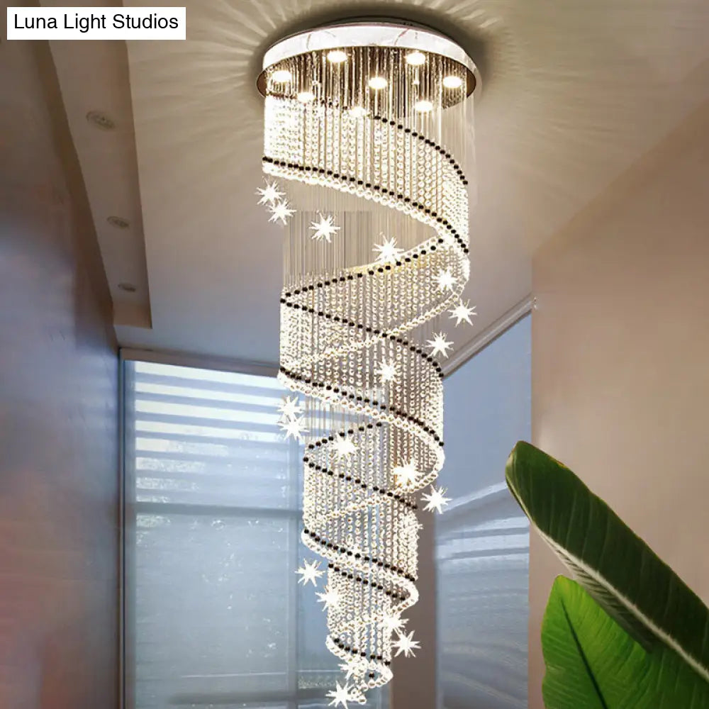 Stylish Spiral Ceiling Light With 4 Clear Crystal Bead Heads - Elegant Stair Suspension Lamp