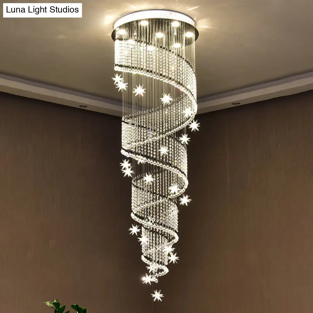 Stylish Spiral Ceiling Light With 4 Clear Crystal Bead Heads - Elegant Stair Suspension Lamp