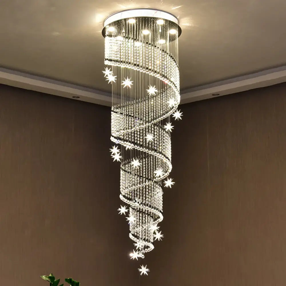 Sleek Spiral Multi Ceiling Light - 4 Clear Crystal Bead Suspension Heads For Stair