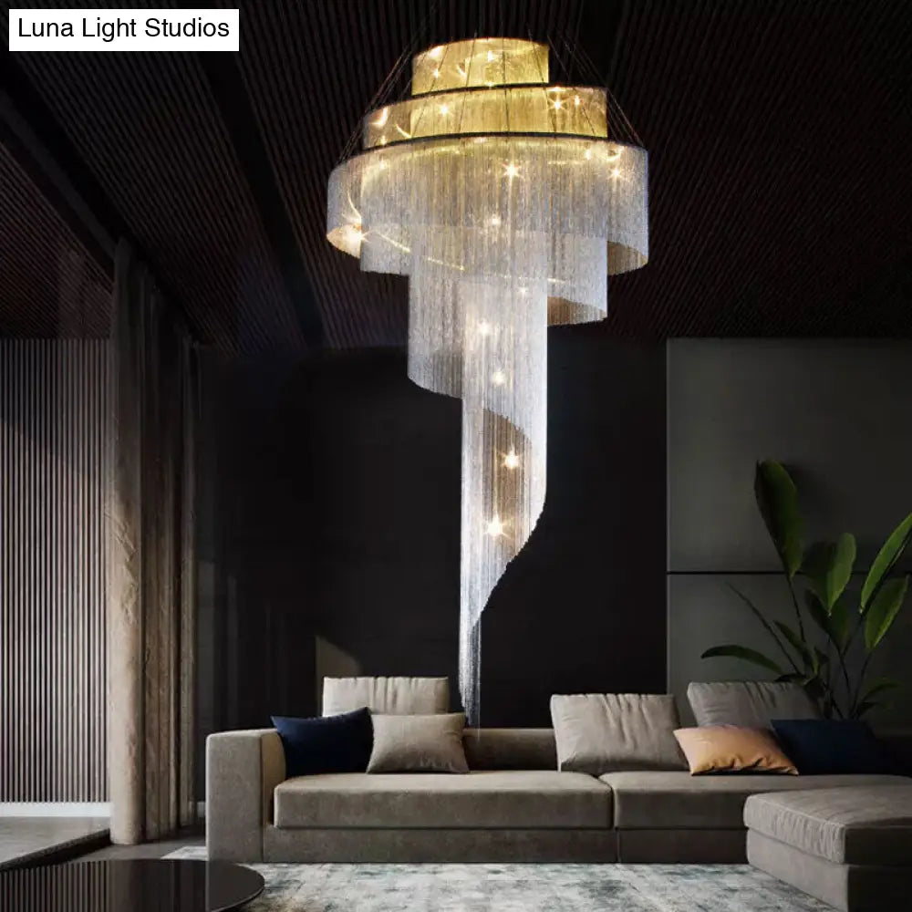 Sleek Spiral Tassel Chandelier - Modern Metal 4-Light Ceiling Light For Hall