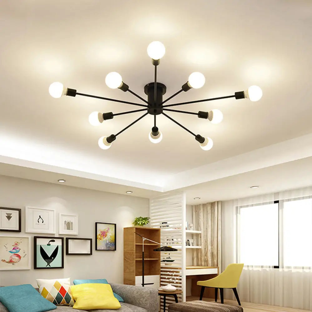 Sleek Sputnik Ceiling Light For Living Room - Metal Semi Flush Mount Chandelier 10 / Black