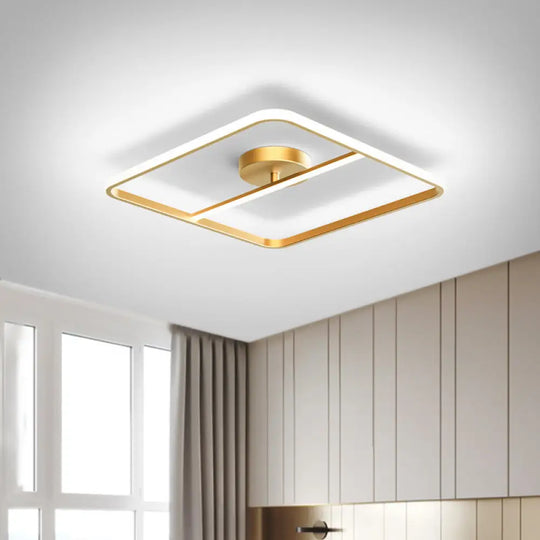 Sleek Square Flush Mount Lamp Metallic Gold Led Ceiling Light In Warm/White Glow / White