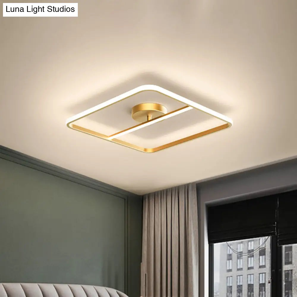 Sleek Square Flush Mount Lamp Metallic Gold Led Ceiling Light In Warm/White Glow