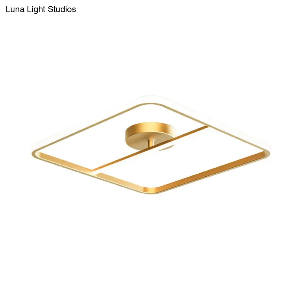 Sleek Square Flush Mount Lamp Metallic Gold Led Ceiling Light In Warm/White Glow