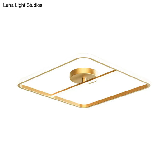 Sleek Square Flush Mount Lamp Metallic Gold Led Ceiling Light In Warm/White Glow