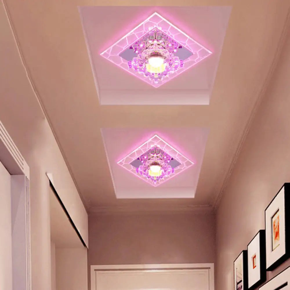 Sleek Square Led Flush Mount Crystal Ceiling Light – Clear Corridor Fixture / 3W Purple