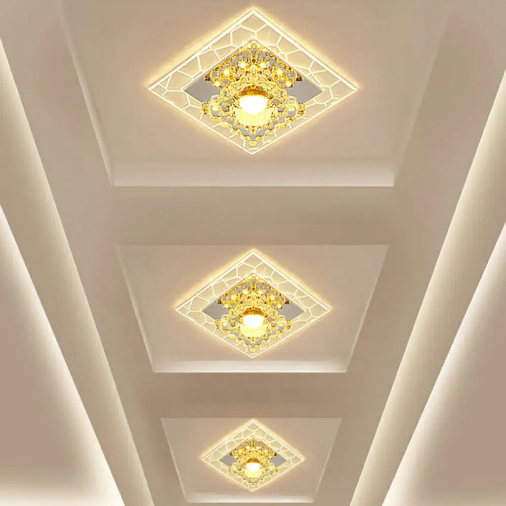 Sleek Square Led Flush Mount Crystal Ceiling Light – Clear Corridor Fixture / 3W Warm