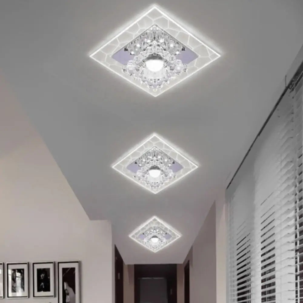 Sleek Square Led Flush Mount Crystal Ceiling Light – Clear Corridor Fixture / 3W White