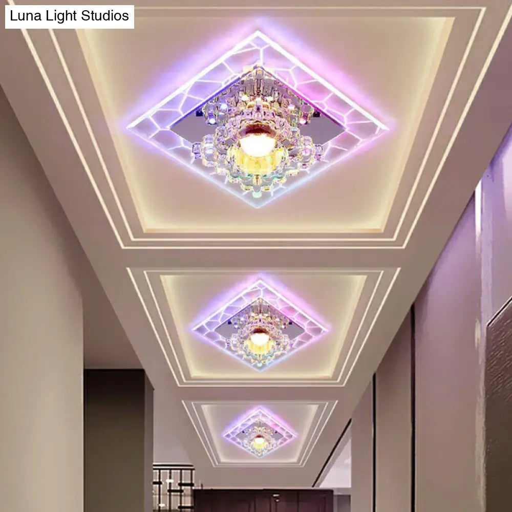 Sleek Square Led Flush Mount Crystal Ceiling Light Clear Corridor Fixture / 3W Multi Color