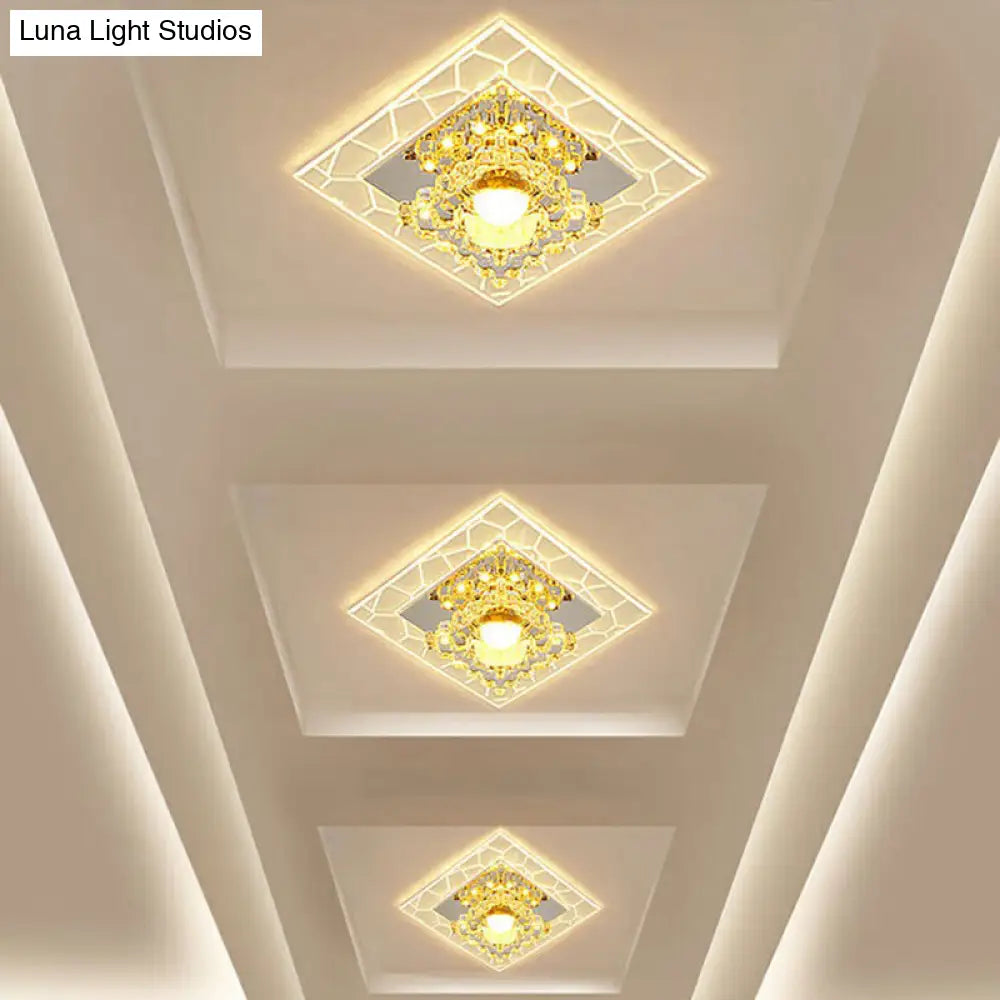 Sleek Square Led Flush Mount Crystal Ceiling Light Clear Corridor Fixture / 3W Warm