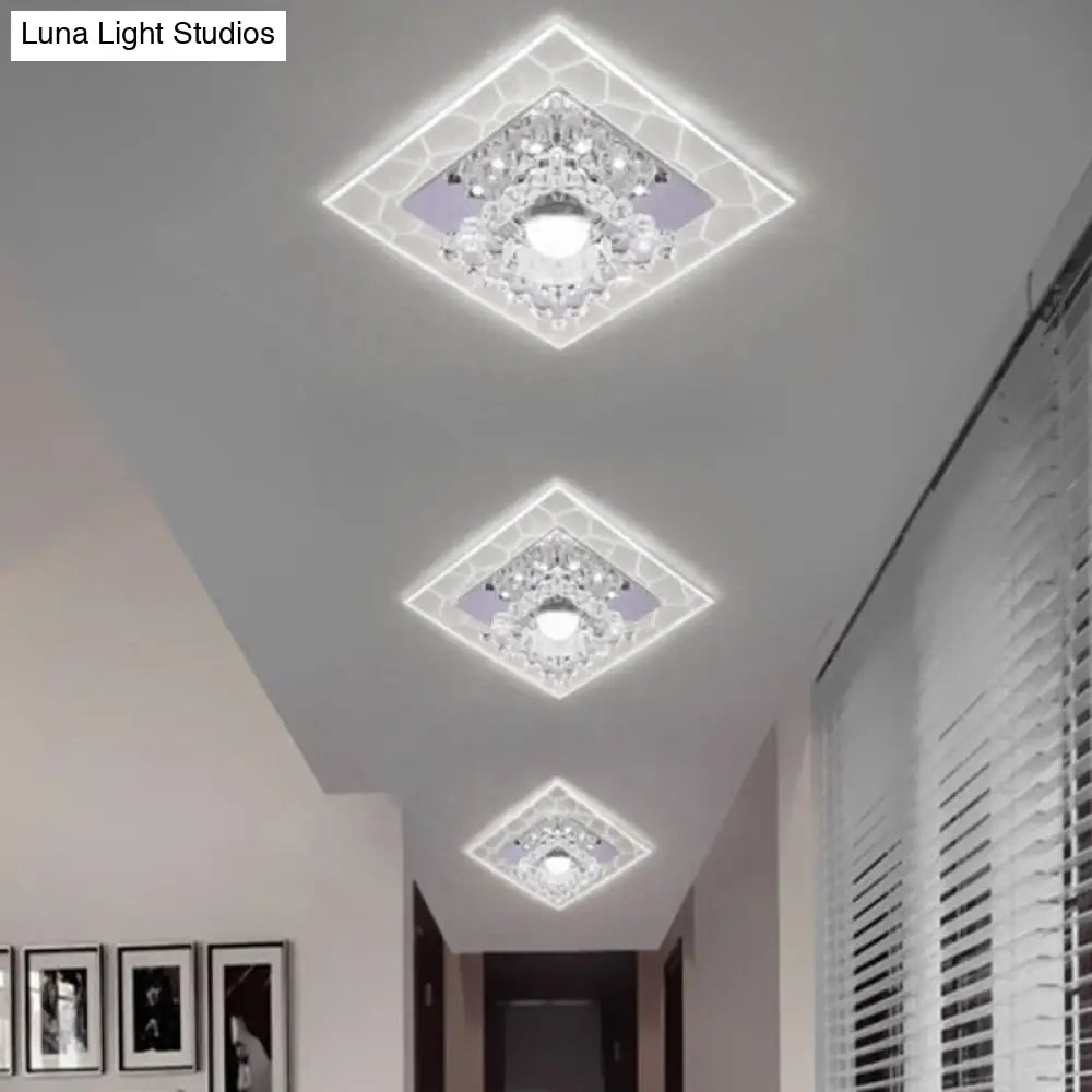 Sleek Square Led Flush Mount Crystal Ceiling Light Clear Corridor Fixture / 3W White