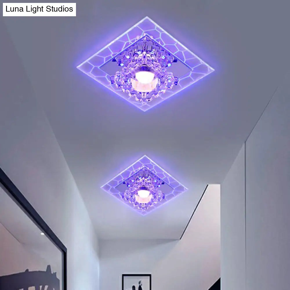 Sleek Square Led Flush Mount Crystal Ceiling Light Clear Corridor Fixture / 3W Blue