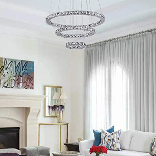 Sleek Stainless Steel Chandelier: Faceted Crystal Circle Led Pendant Lighting For Dining Room