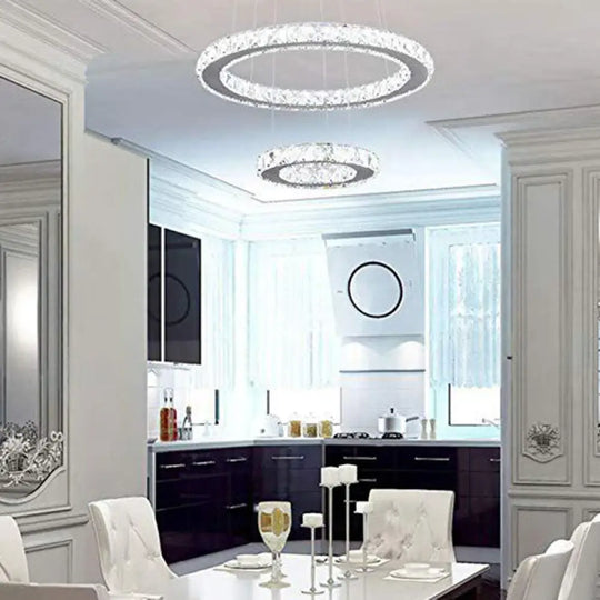 Sleek Stainless Steel Chandelier: Faceted Crystal Circle Led Pendant Lighting For Dining Room