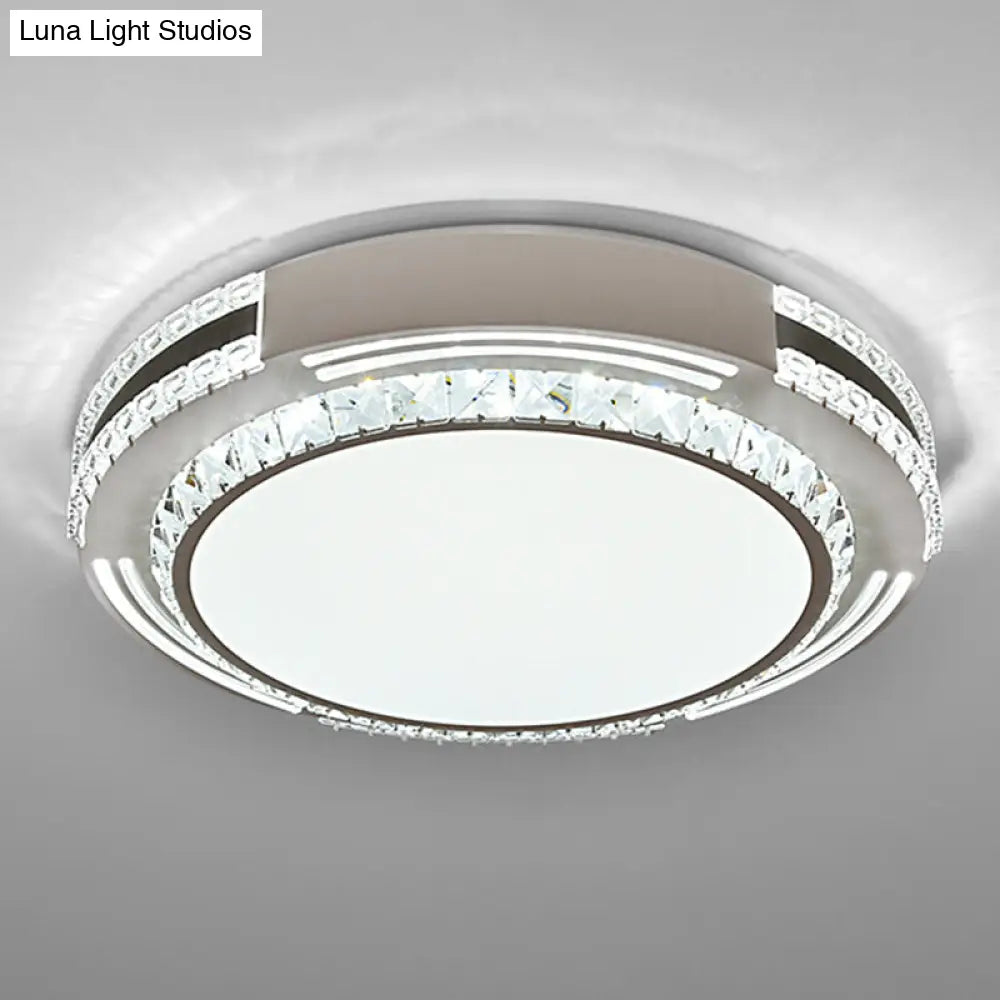 Sleek Stainless-Steel Drum Led Flush Mount Light With Crystal Accent Perfect For Bedrooms / Remote