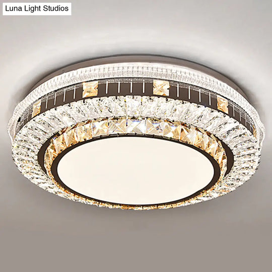 Sleek Stainless-Steel Drum Led Flush Mount Light With Crystal Accent Perfect For Bedrooms