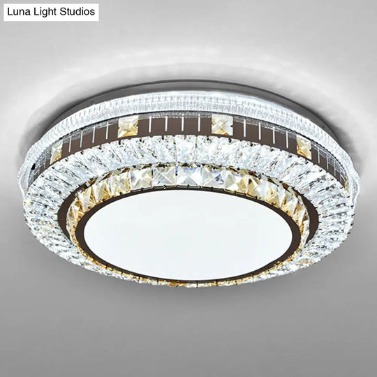 Sleek Stainless-Steel Drum Led Flush Mount Light With Crystal Accent Perfect For Bedrooms / Remote