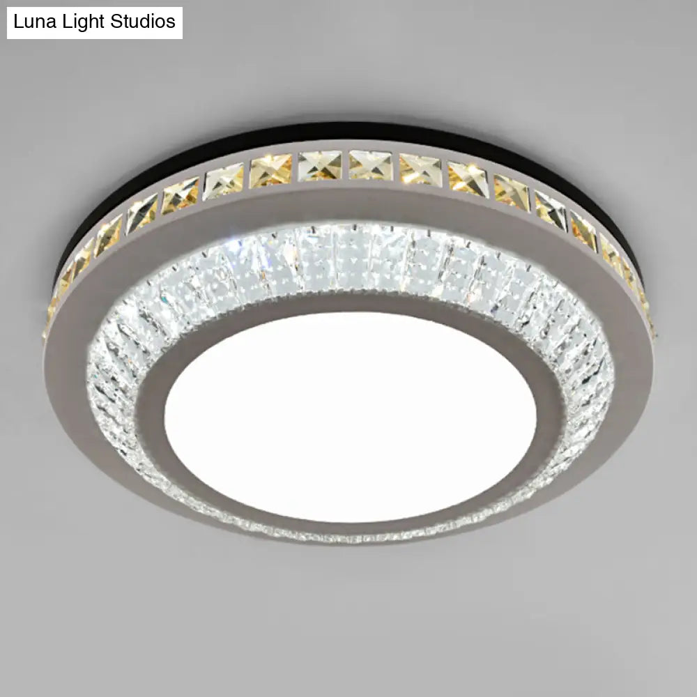 Sleek Stainless-Steel Drum Led Flush Mount Light With Crystal Accent Perfect For Bedrooms / Remote