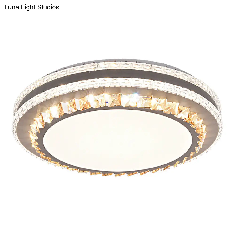 Sleek Stainless - Steel Drum Led Flush Mount Light With Crystal Accent – Perfect For Bedrooms