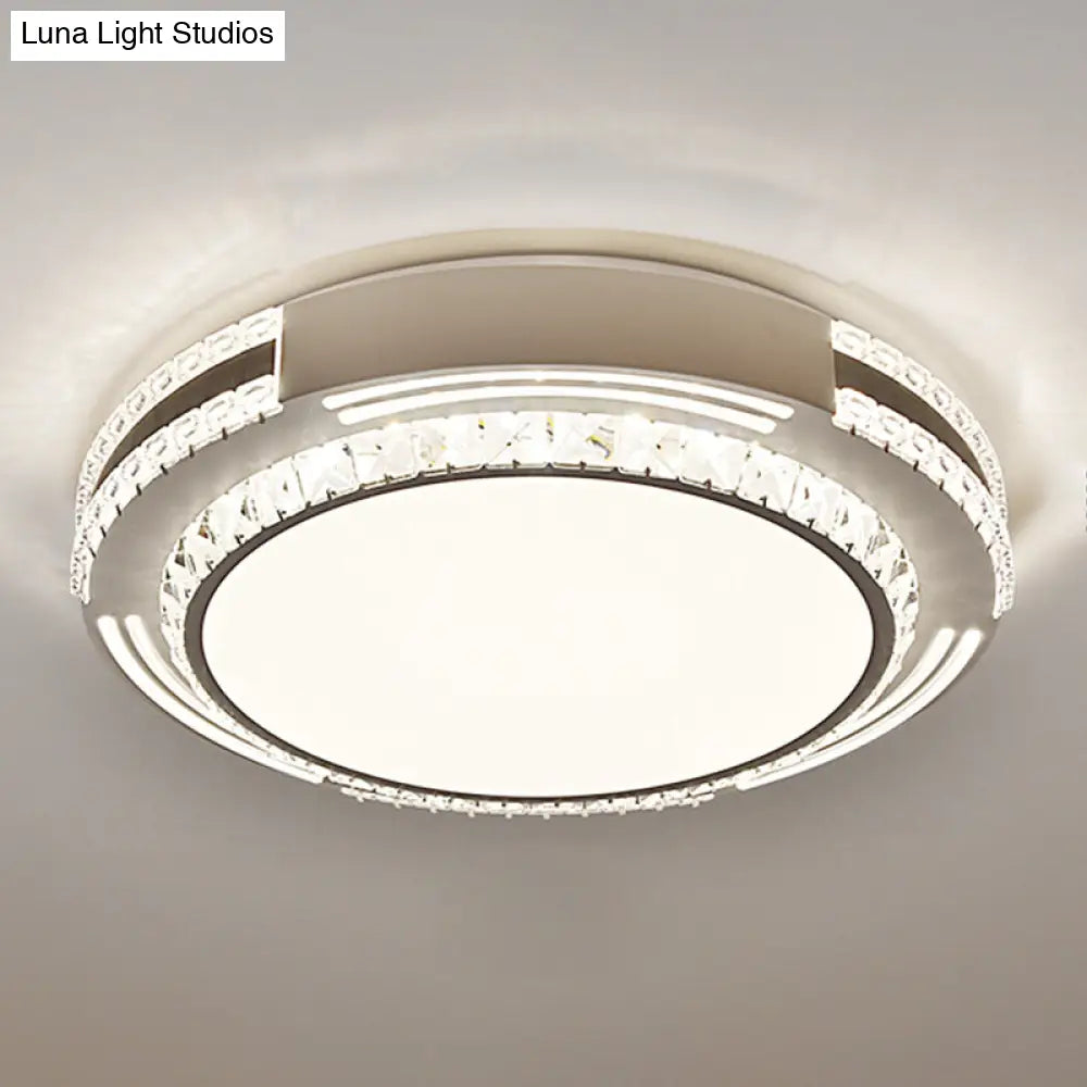 Sleek Stainless-Steel Drum Led Flush Mount Light With Crystal Accent Perfect For Bedrooms / Third