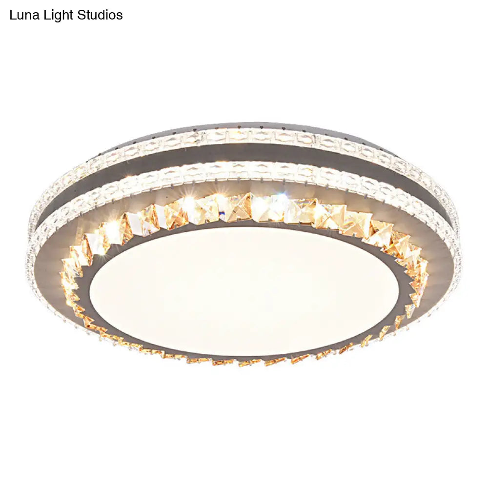 Sleek Stainless-Steel Drum Led Flush Mount Light With Crystal Accent Perfect For Bedrooms