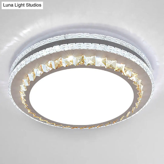 Sleek Stainless-Steel Drum Led Flush Mount Light With Crystal Accent Perfect For Bedrooms / Remote