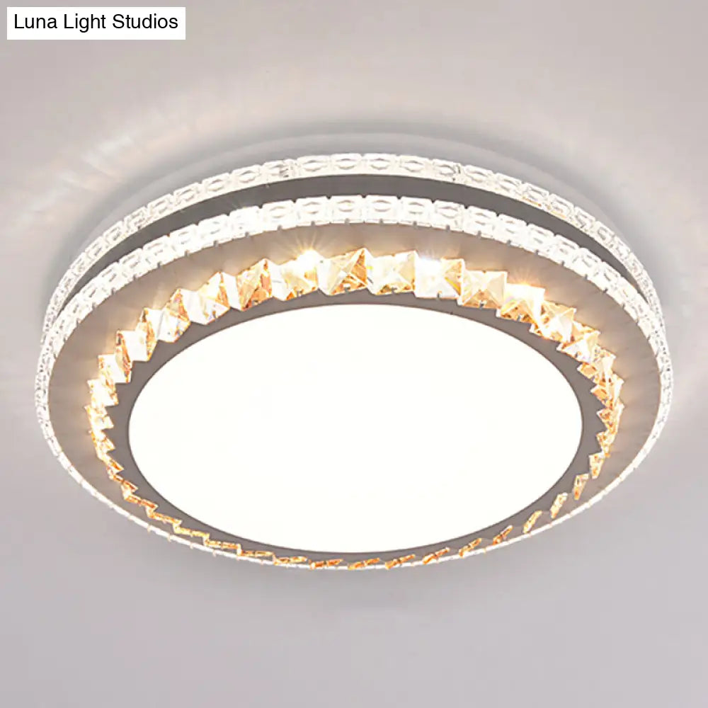 Sleek Stainless-Steel Drum Led Flush Mount Light With Crystal Accent Perfect For Bedrooms