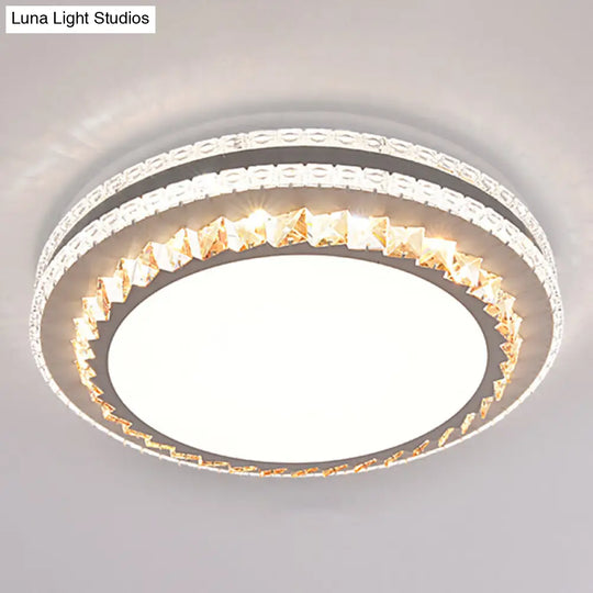 Sleek Stainless-Steel Drum Led Flush Mount Light With Crystal Accent Perfect For Bedrooms