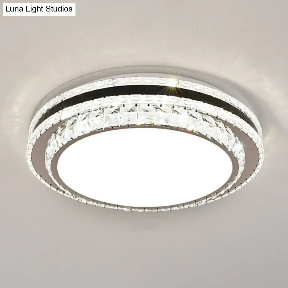 Sleek Stainless-Steel Drum Led Flush Mount Light With Crystal Accent Perfect For Bedrooms / Remote