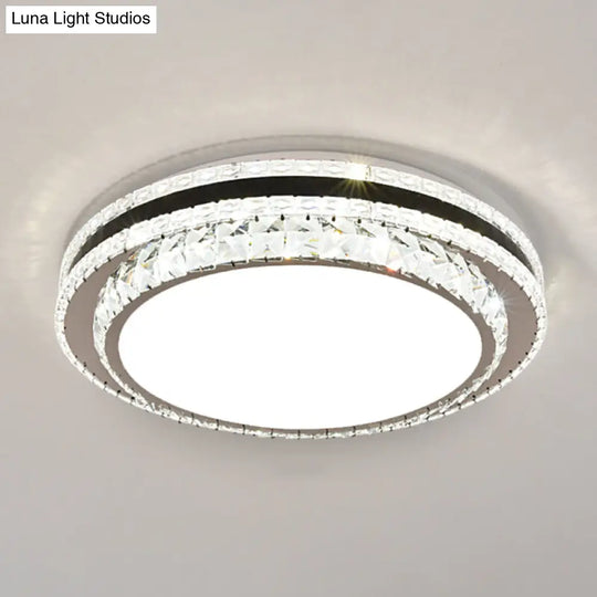 Sleek Stainless-Steel Drum Led Flush Mount Light With Crystal Accent Perfect For Bedrooms / Remote