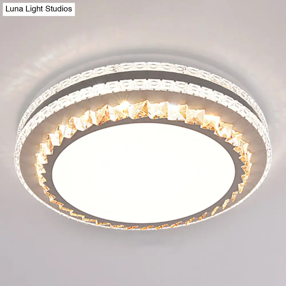 Sleek Stainless - Steel Drum Led Flush Mount Light With Crystal Accent – Perfect For Bedrooms