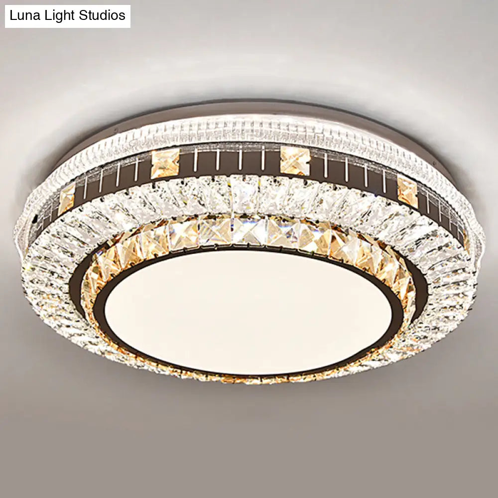 Sleek Stainless - Steel Drum Led Flush Mount Light With Crystal Accent – Perfect For Bedrooms