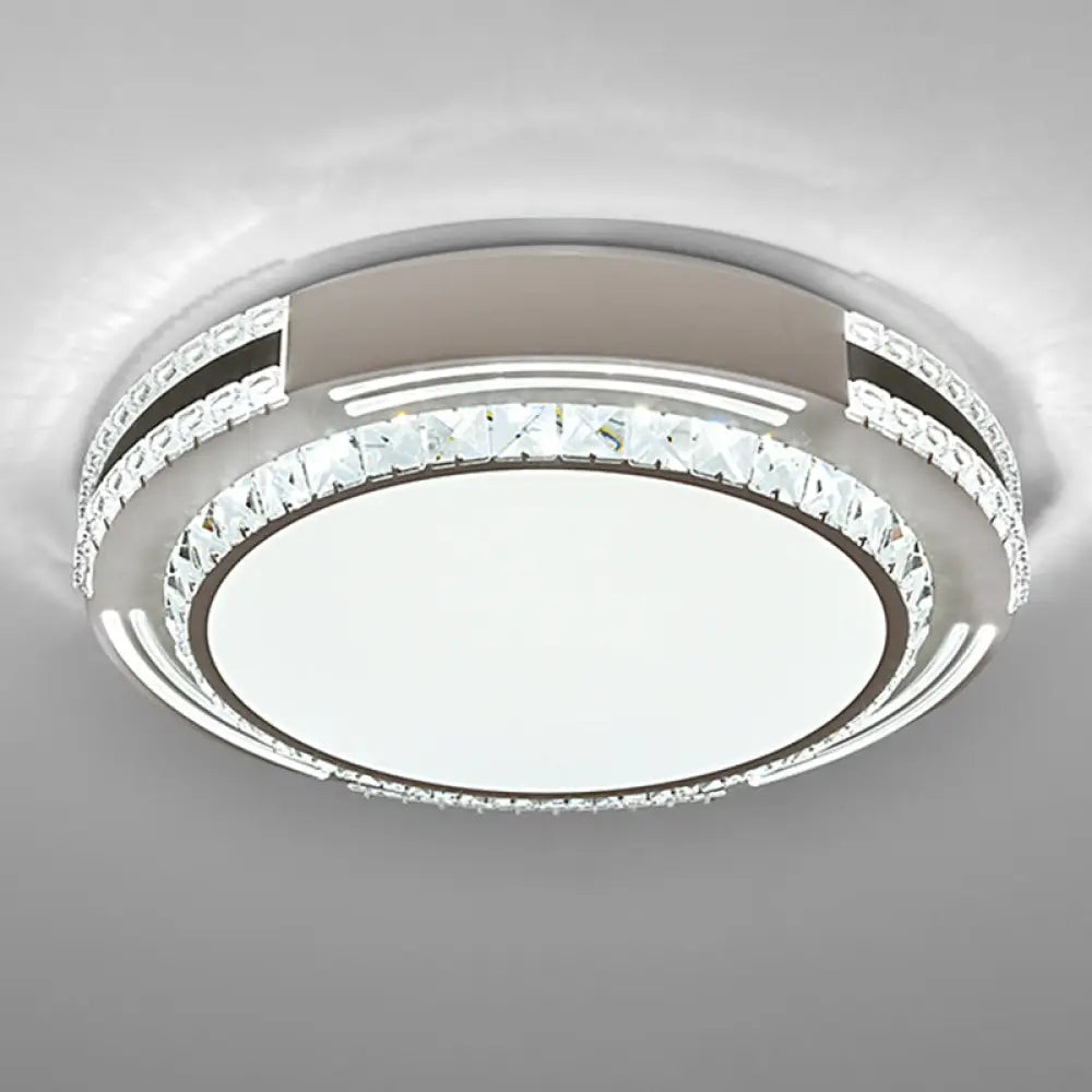 Sleek Stainless - Steel Drum Led Flush Mount Light With Crystal Accent – Perfect For Bedrooms /