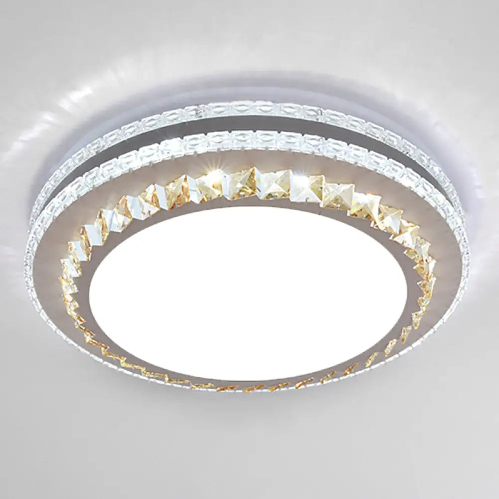 Sleek Stainless - Steel Drum Led Flush Mount Light With Crystal Accent – Perfect For Bedrooms /