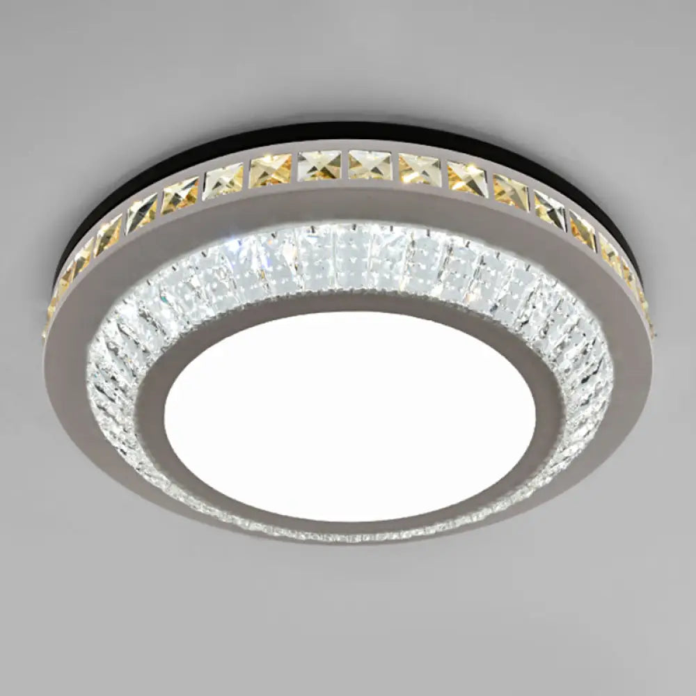 Sleek Stainless - Steel Drum Led Flush Mount Light With Crystal Accent – Perfect For Bedrooms /