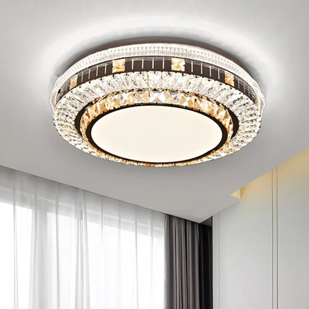 Sleek Stainless - Steel Drum Led Flush Mount Light With Crystal Accent – Perfect For Bedrooms /