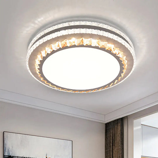 Sleek Stainless - Steel Drum Led Flush Mount Light With Crystal Accent – Perfect For Bedrooms /