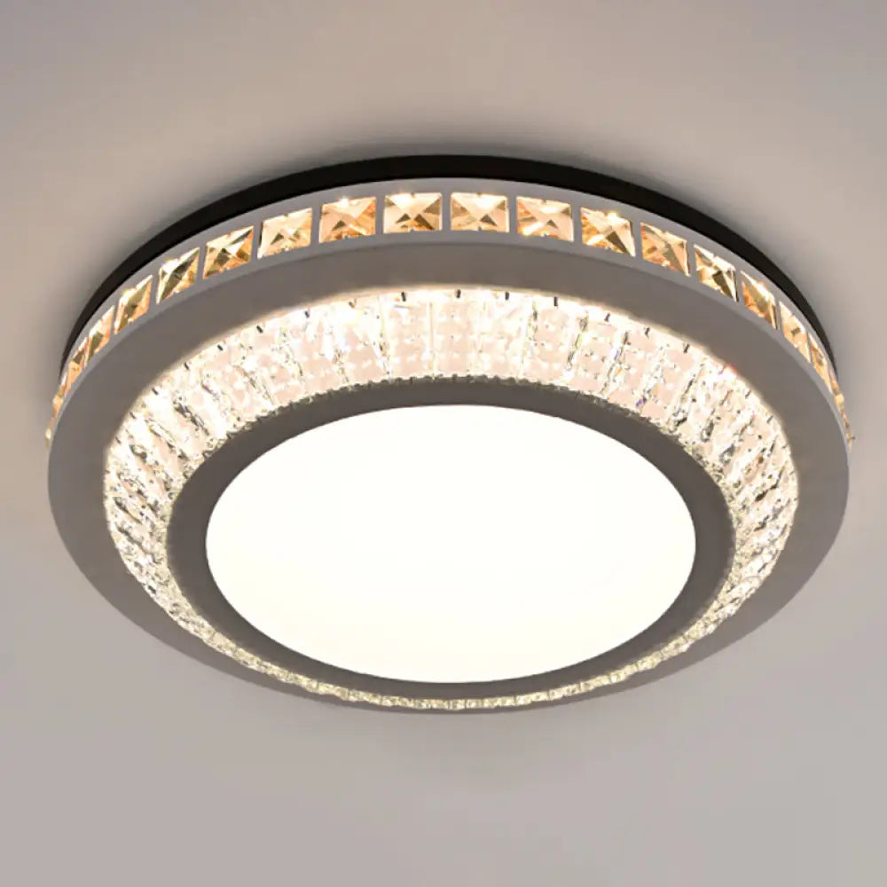 Sleek Stainless - Steel Drum Led Flush Mount Light With Crystal Accent – Perfect For Bedrooms /