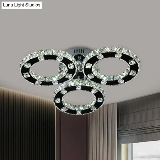 Sleek Stainless-Steel Led Ceiling Light With Cur Crystal Shade - 3-Ring Semi Mount Fixture