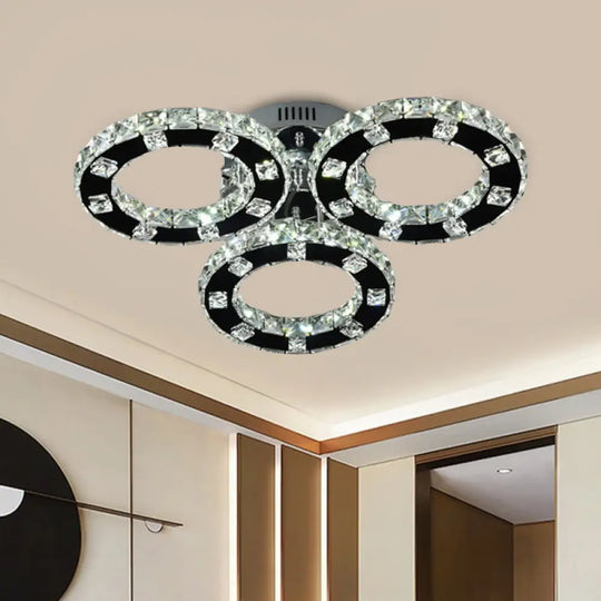 Sleek Stainless-Steel Led Ceiling Light With Cur Crystal Shade - 3-Ring Semi Mount Fixture