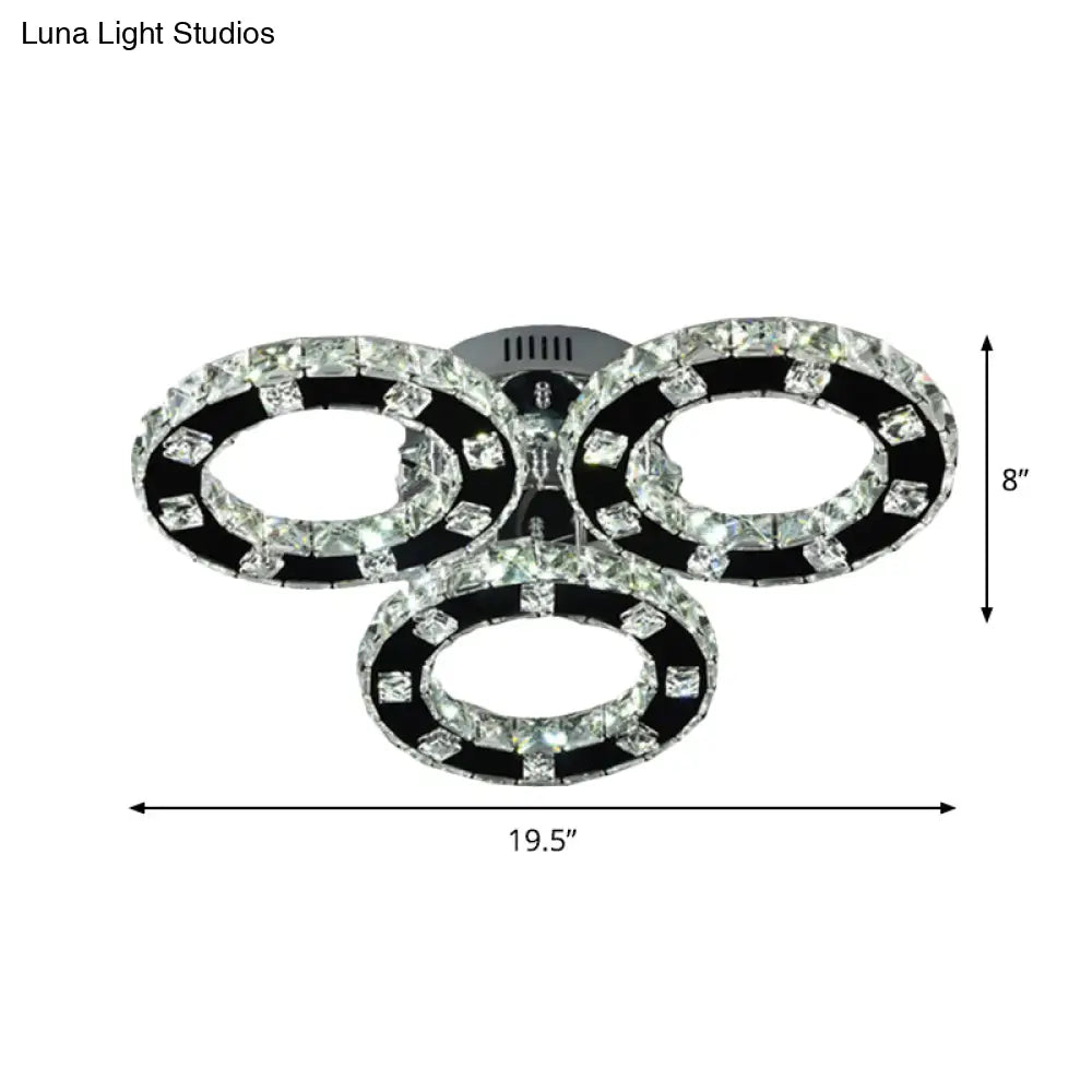 Sleek Stainless-Steel Led Ceiling Light With Cur Crystal Shade - 3-Ring Semi Mount Fixture