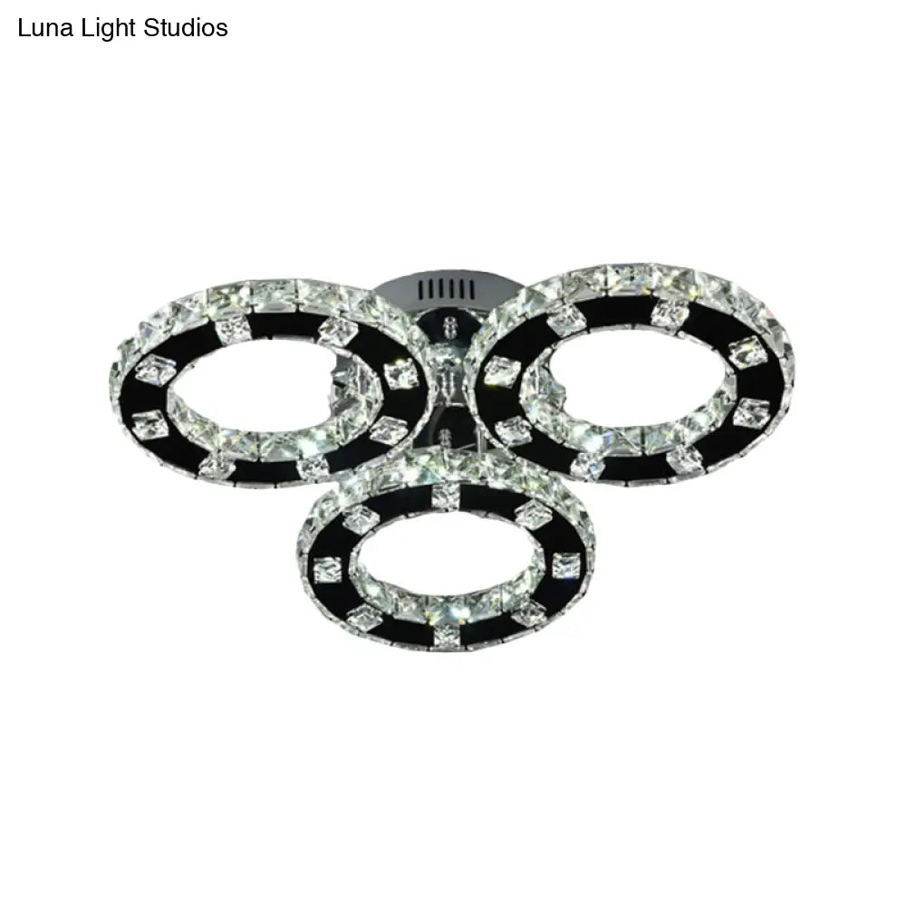 Sleek Stainless-Steel Led Ceiling Light With Cur Crystal Shade - 3-Ring Semi Mount Fixture