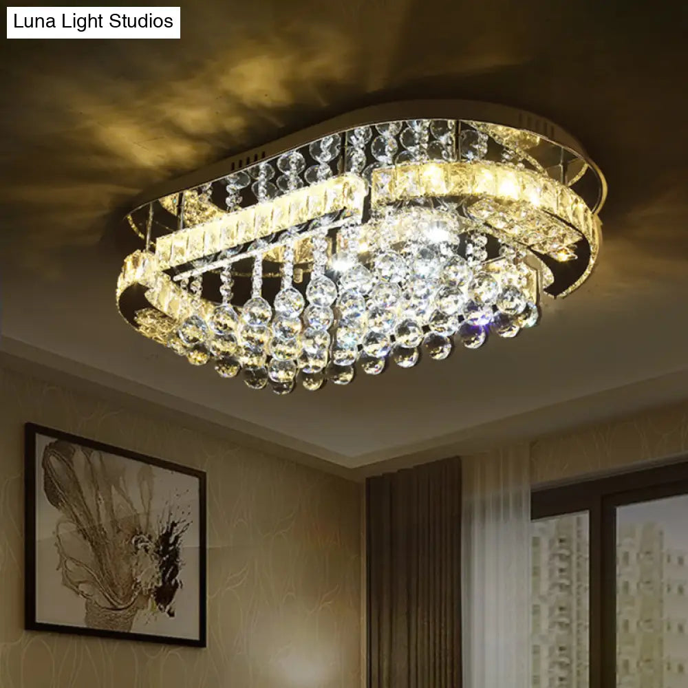 Sleek Stainless - Steel Led Light Fixture With Clear Cut Crystal Blocks And Oval Semi Flush Design