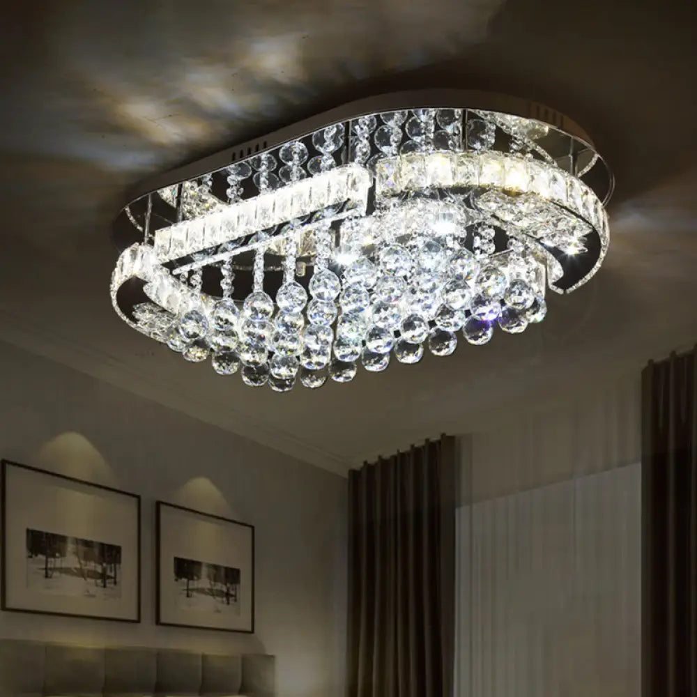 Sleek Stainless - Steel Led Light Fixture With Clear Cut Crystal Blocks And Oval Semi Flush Design