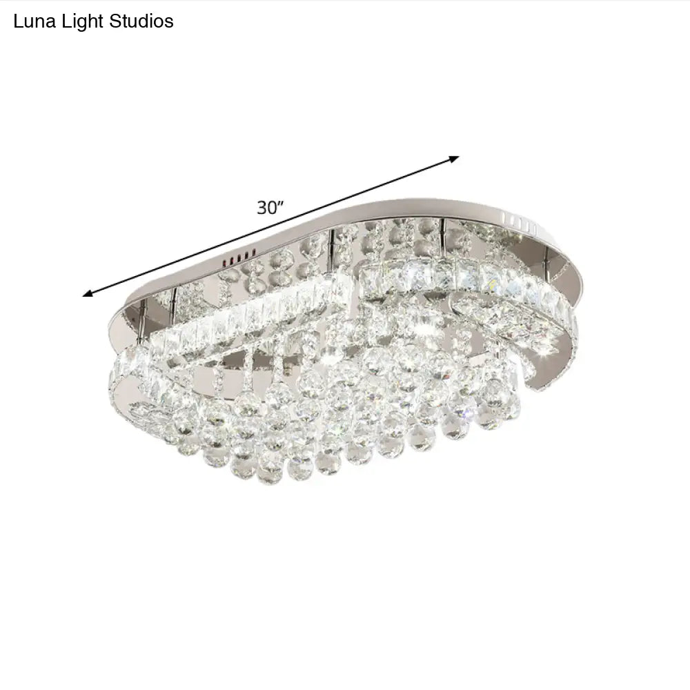Sleek Stainless - Steel Led Light Fixture With Clear Cut Crystal Blocks And Oval Semi Flush Design