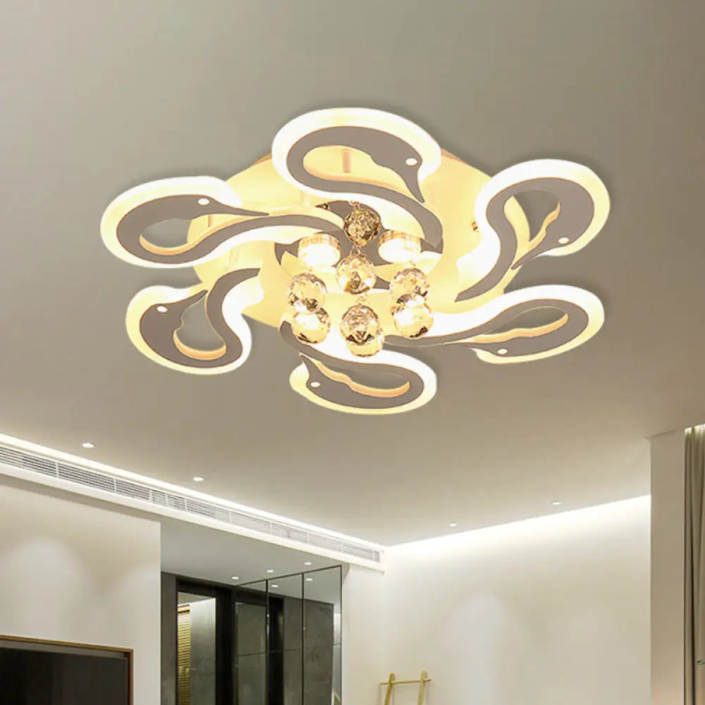 Sleek Swan Shape Semi Mount Led Flush Ceiling Lamp With Crystal Droplet - Modern Acrylic 6-Heads