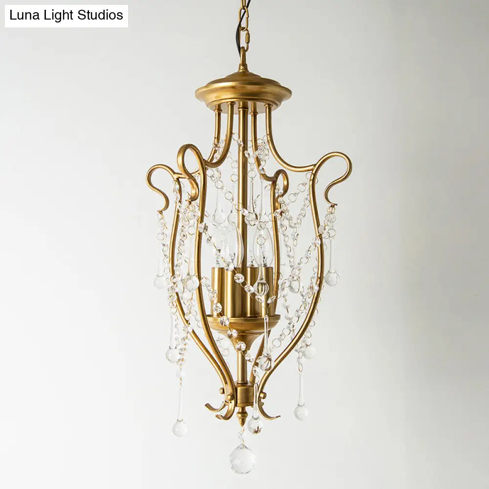 Swirled Iron Suspension Pendant With 4 Heads And Crystal Stands - Modern Brass Swag Lamp For Dining