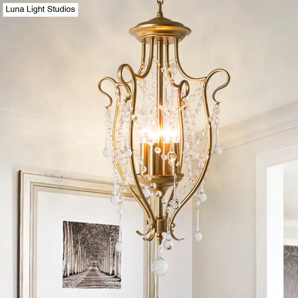 Swirled Iron Suspension Pendant With 4 Heads And Crystal Stands - Modern Brass Swag Lamp For Dining